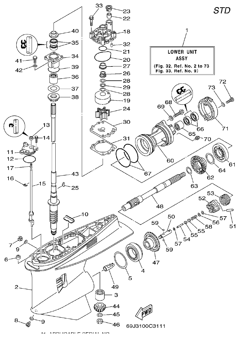Yamaha F200A, F225A, FL200A, FL225A, F225TR, F200TR, LF225TR, LF200TR LOWER CASING & DRIVE 1 parts diagram